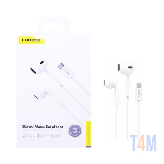 Foneng Wired Earphones T36 Type-C with Microphone 1.2M White